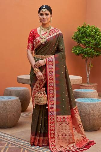 Mahendi color soft silk fabric  woven designer ethnic ceremonial saree
