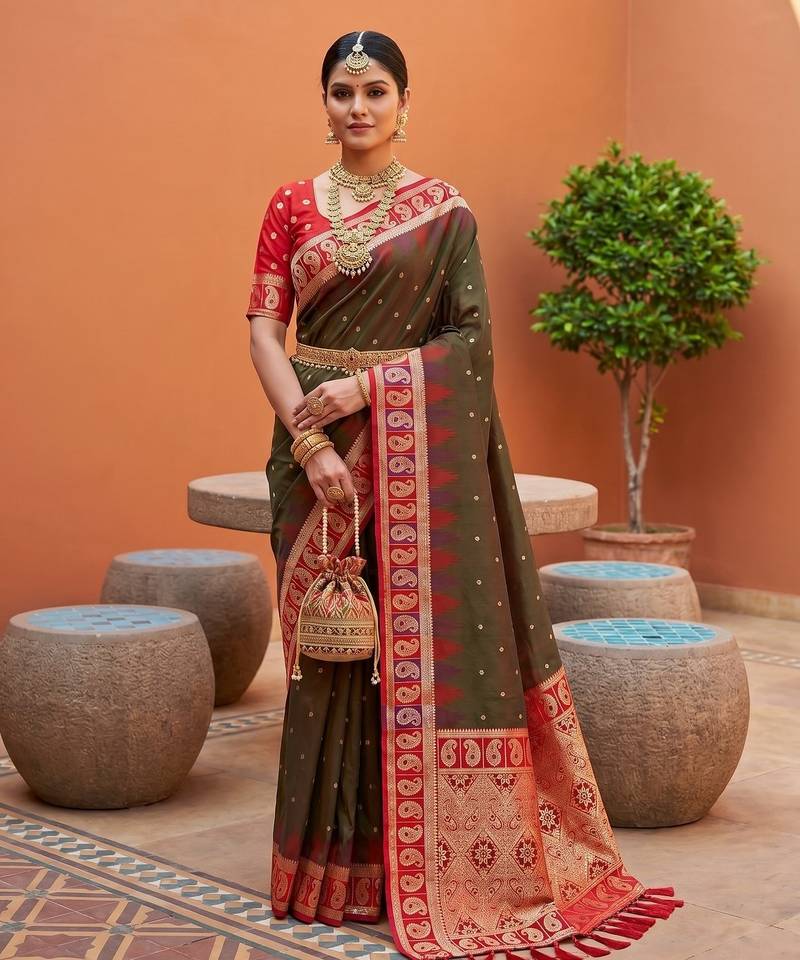 Mahendi color soft silk fabric  woven designer ethnic ceremonial saree