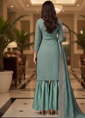 Peach color smat and designer embrodiered sharara dress for ceremonial looks 2