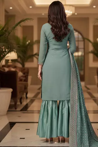 Peach color smat and designer embrodiered sharara dress for ceremonial looks