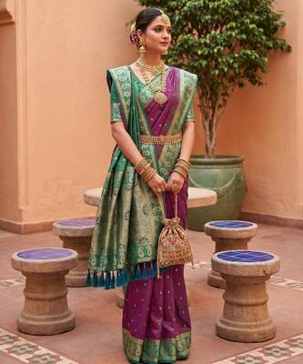 Onion soft silk blend woven ethnic ceremonial saree 4