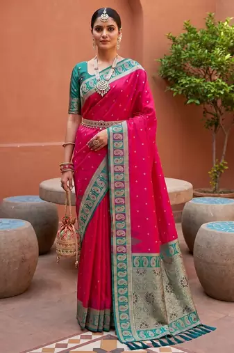 Pink soft silk fabric woven designer ethnic ceremonial saree