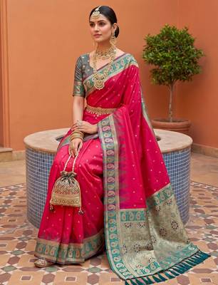 Pink soft silk blend woven ethnic ceremonial saree 3