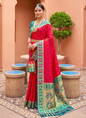 Pink soft silk blend woven ethnic ceremonial saree 4