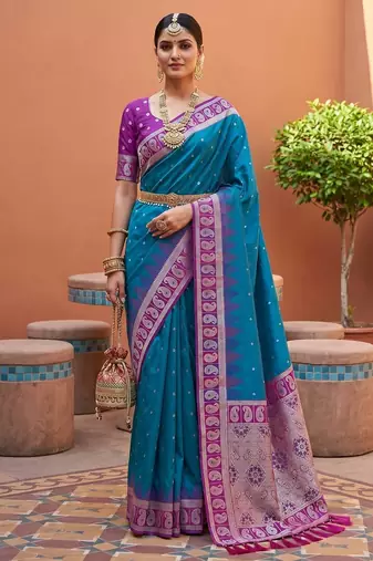 Blue color soft silk fabric  woven designer ethnic ceremonial saree
