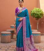 Blue soft silk fabric woven designer ethnic ceremonial saree