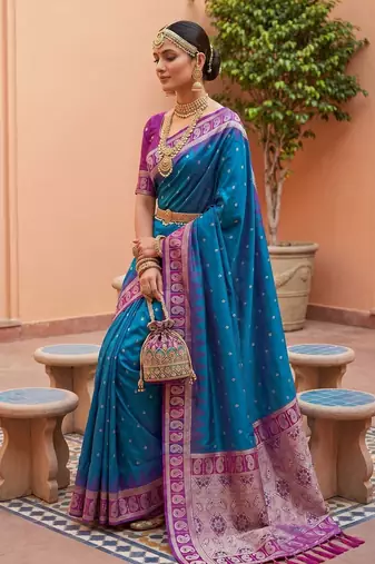 Blue soft silk blend woven ethnic ceremonial saree