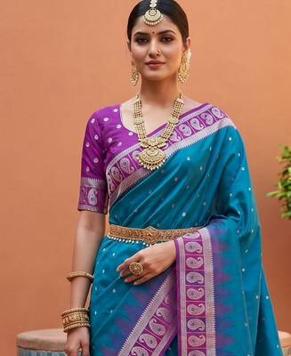 Blue soft silk blend woven ethnic ceremonial saree 3