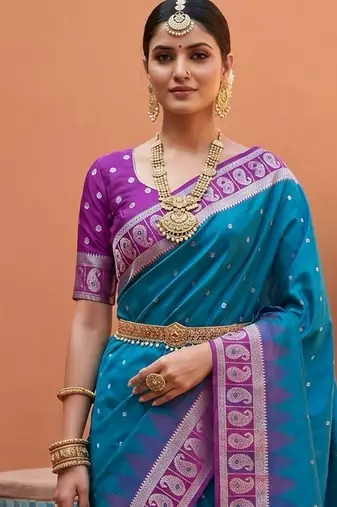 Blue soft silk blend woven ethnic ceremonial saree