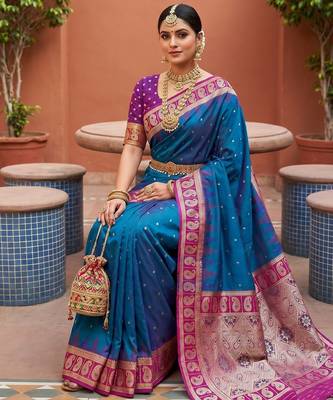 Blue soft silk blend woven ethnic ceremonial saree 4