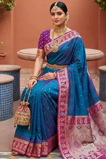 Blue soft silk blend woven ethnic ceremonial saree