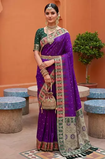 Violet soft silk fabric woven designer ethnic ceremonial saree