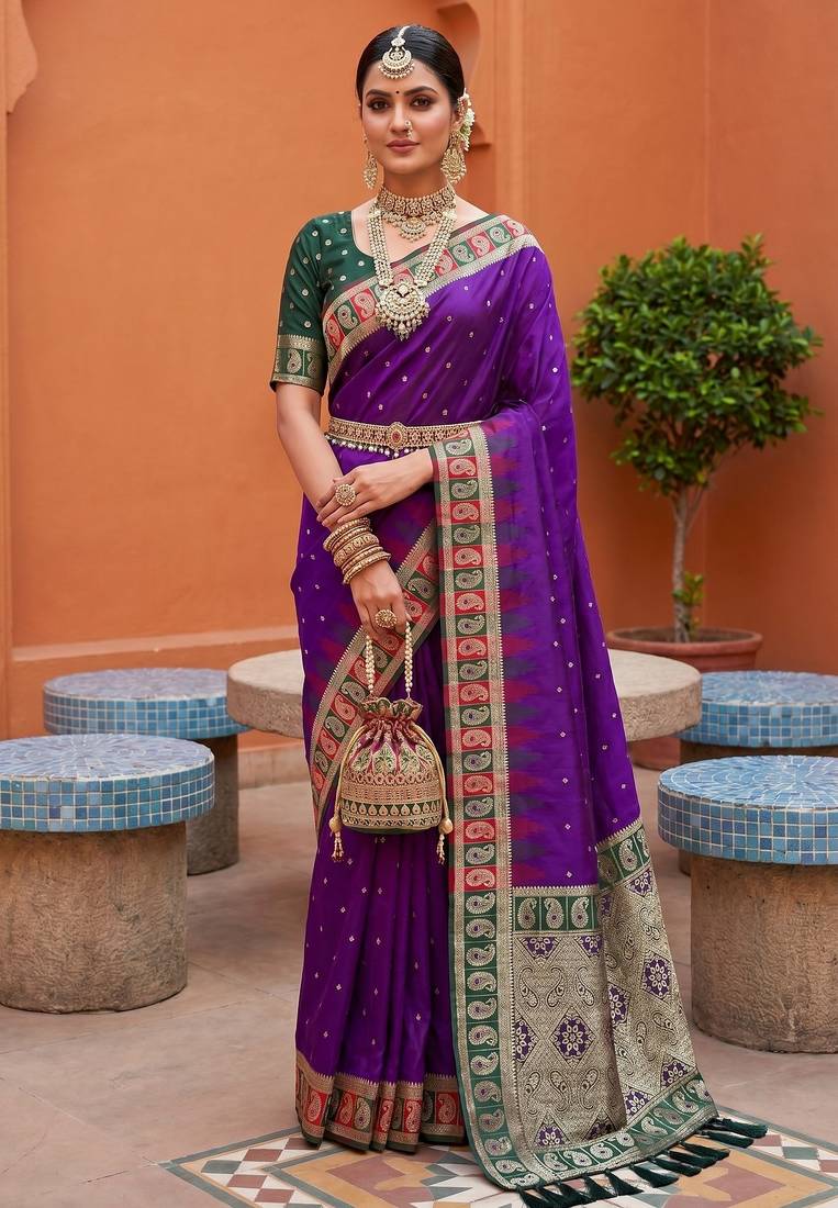 Violet color soft silk fabric  woven designer ethnic ceremonial saree