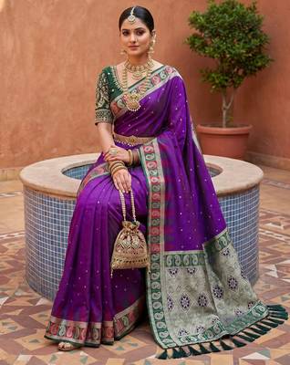 Violet soft silk blend woven ethnic ceremonial saree 3