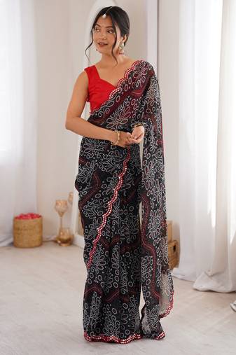 Black color georgette fabric bandhej print traditional saree