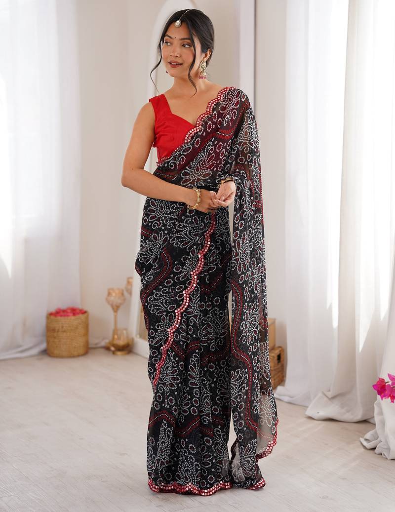 Black color georgette fabric bandhej print traditional saree