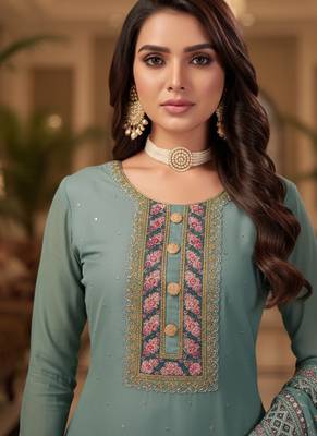 Peach color smat and designer embrodiered sharara dress for ceremonial looks 3