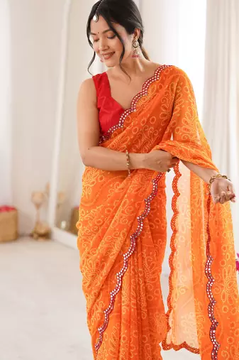 Orange georgette bandhej print traditional saree