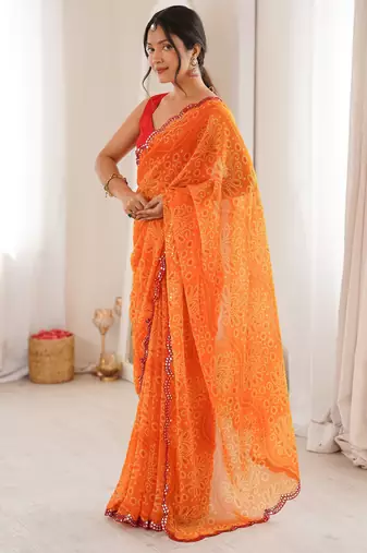 Orange georgette bandhej print traditional saree