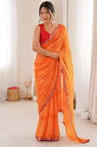 Orange georgette bandhej print traditional saree