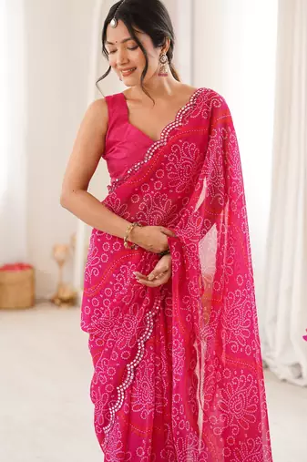 Pink georgette bandhej print traditional saree