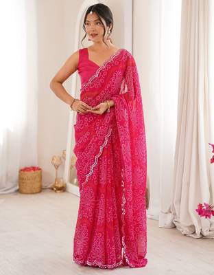 Pink georgette bandhej print traditional saree 4