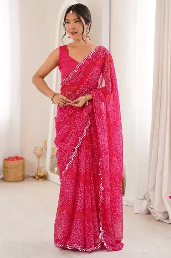 Pink georgette bandhej print traditional saree