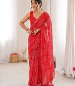Red georgette fabric bandhej print traditional saree