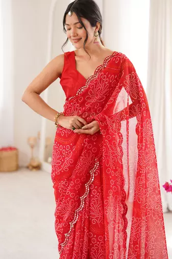 Red georgette bandhej print traditional saree