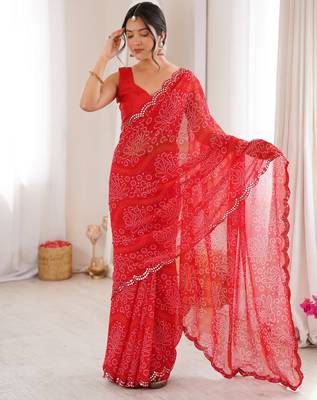Red georgette bandhej print traditional saree 4