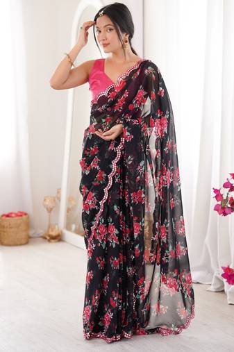 Black color beautiful floral print designer ethnic saree
