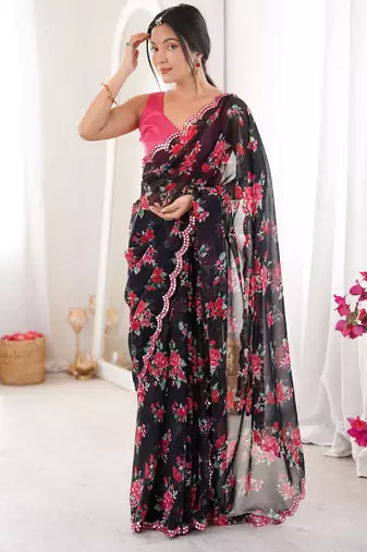 Black color beautiful floral print designer ethnic saree