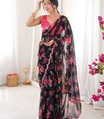 Black beautiful floral print designer ethnic saree