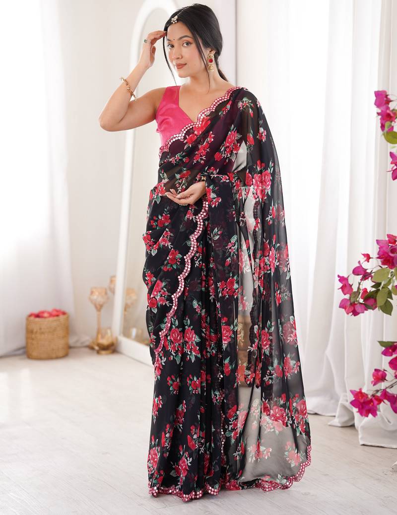Black color beautiful floral print designer ethnic saree