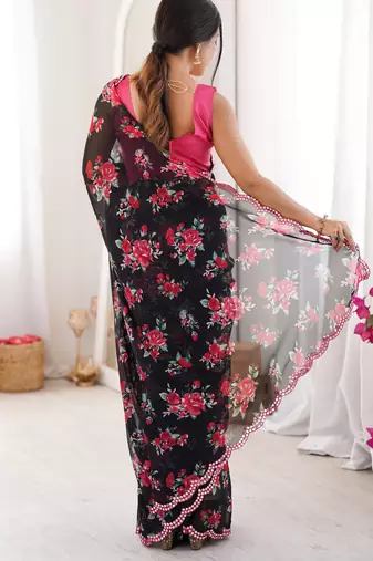 Black floral print ethnic saree