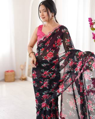 Black floral print ethnic saree 3