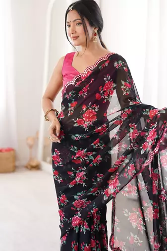 Black floral print ethnic saree