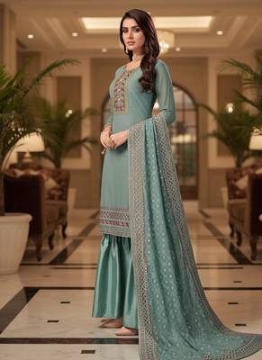 Peach color smat and designer embrodiered sharara dress for ceremonial looks 4