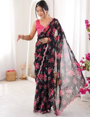 Black floral print ethnic saree 4