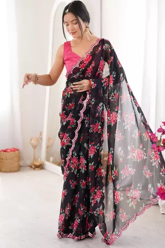Black floral print ethnic saree