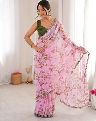 Pink floral print ethnic saree 1