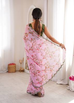 Pink floral print ethnic saree 2