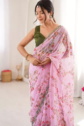 Pink floral print ethnic saree