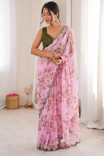 Pink floral print ethnic saree