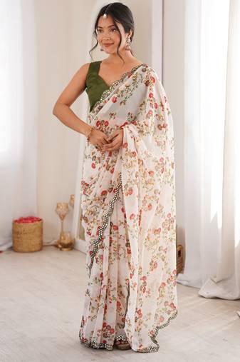 White color beautiful floral print designer ethnic saree