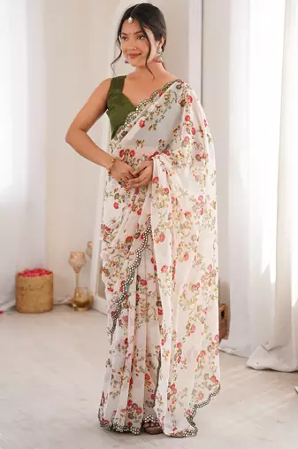 White beautiful floral print designer ethnic saree