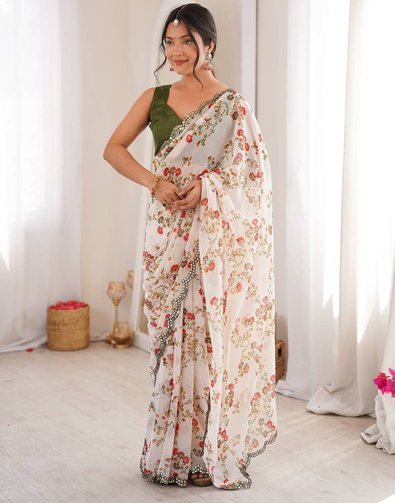 White color beautiful floral print designer ethnic saree