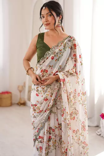 White floral print ethnic saree