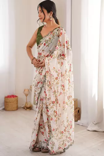 White floral print ethnic saree