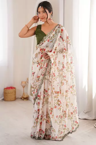 White floral print ethnic saree